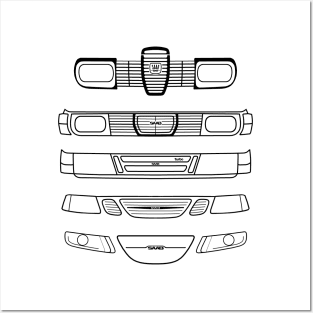 Saab evolution classic cars 1960s-2010s black outline graphic Posters and Art